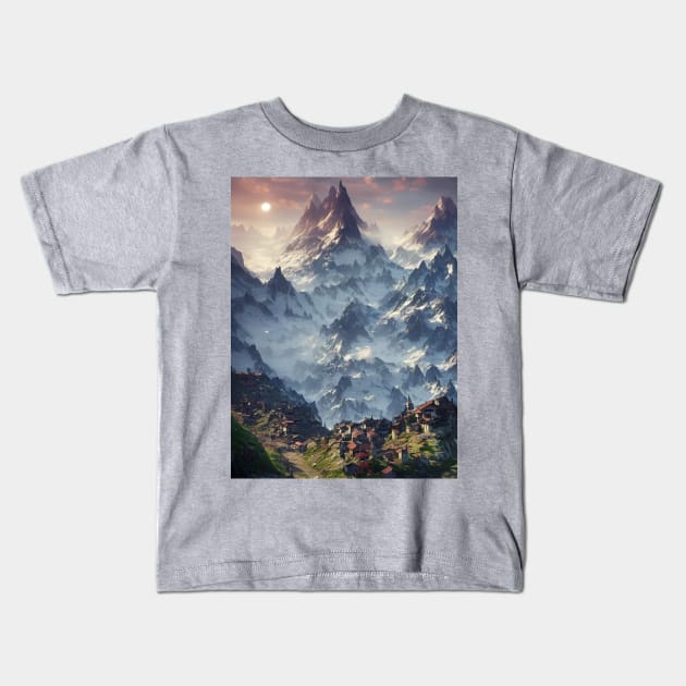 Mountain Town at Dawn Kids T-Shirt by tdraw